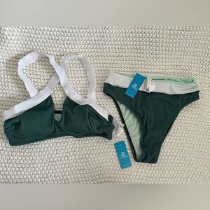 Cupshe Green and White Cross-Front Ribbed Bikini Set
